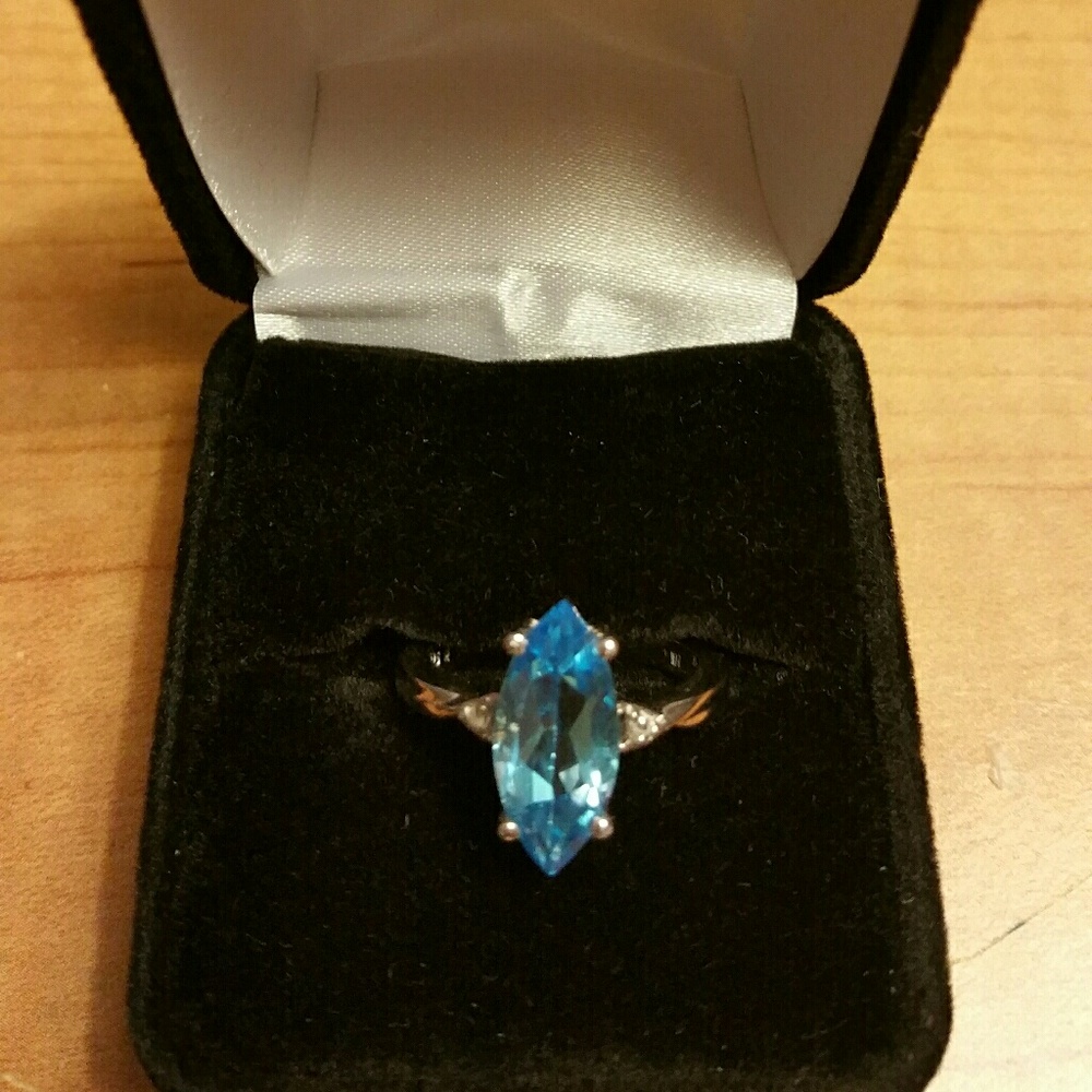 Genuine Blue Topaz Marquise & Diamond Ring